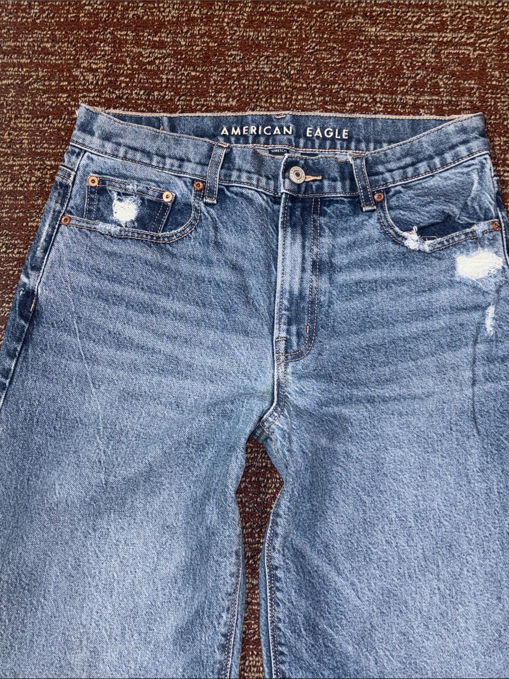American Eagle stovepipe jeans wide leg mid rise medium wash distressed size 6 - Picture 4 of 15